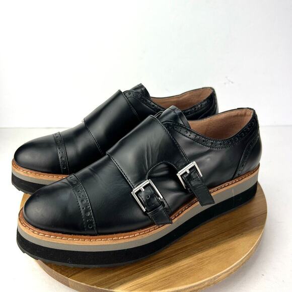 EUC Halogen Black Leather Cap Toe Platform Monk Strap Oxford Shoes Size 8.5 - Picture 1 of 10